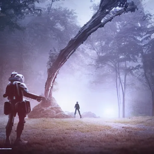 Prompt: a photo of soldier stand across huge alien arachnoid bug like star troopers movie, old road in the forest lomography photo, playstation 5 screenshot, fine details, rain, rtx reflections, fog, night, photorealistic, unreal engine, octane render, volumetric light, featured on cg society, 4 k, 5 0 mm bokeh