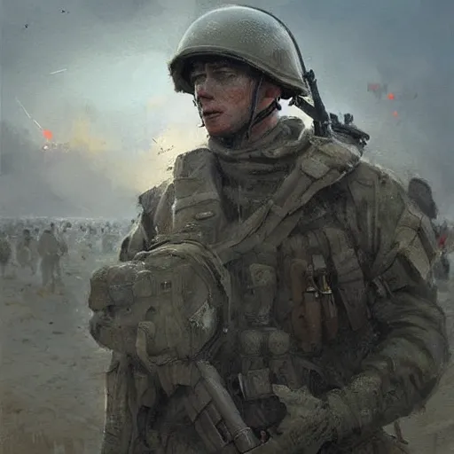 Image similar to an american soldier fighting in d - day fantastic camera engel by greg rutkowski