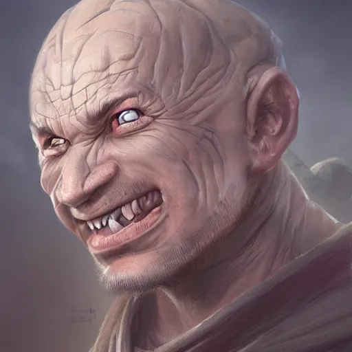 Image similar to a detailed matte head - on portrait painting of an ugly halfling man, with a large scar and missing teeth portrait by charlie bowater, lise deharme, wlop, tending on arstation, dungeons and dragon, dnd, pathfinder, fanart, oil on canvas