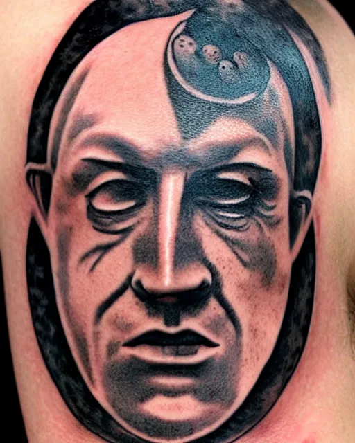 Image similar to renaissance head with planets tattoo design, hyper - realistic, in the style of tony santos