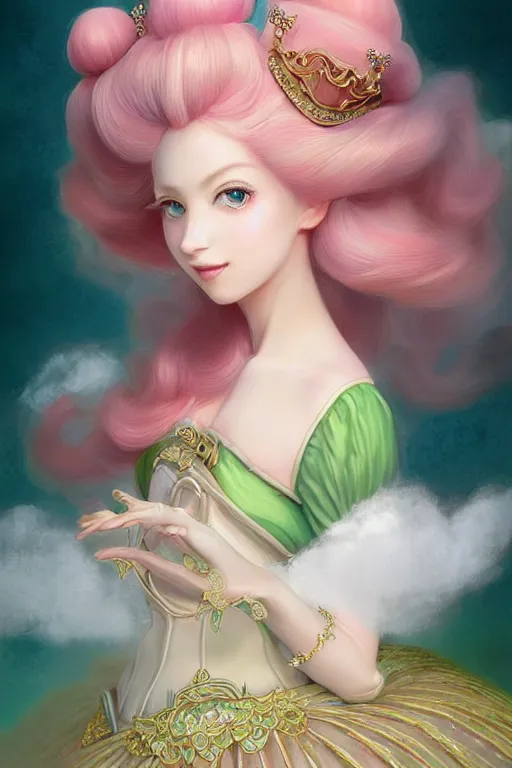 Prompt: portrait of princess peach, fantasy, gradient white pink gold, dreamy and ethereal, green eyes, golden ratio, peaceful expression, ornate frilly dress, fantasy, intricate, elegant, blue skye with clouds on the background, highly detailed, digital painting, artstation, concept art, smooth,b sharp focus, illustration, art by artgerm and greg rutkowski and alphonse mucha