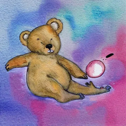 Prompt: a bear dreaming a thought bubble with a mouse in it, watercolor