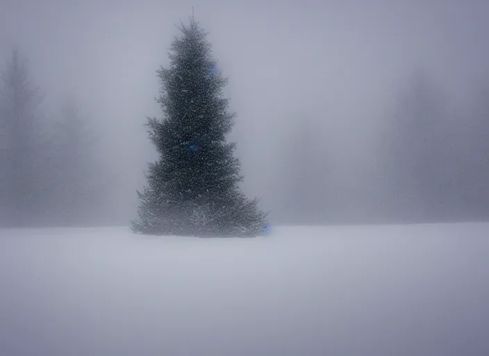 Image similar to a single fir tree in a desolate blizzard landscape, very foggy, out - of - focus lights in the background