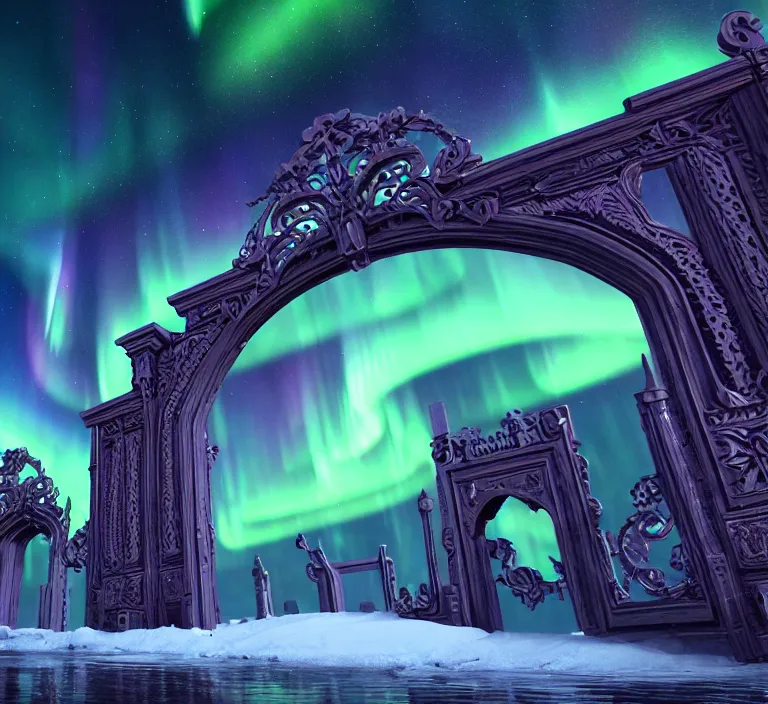 Image similar to a very detailed concept art of intricate and epic gates to aurora borealis, trending on artstation, symmetry, digital art, 4 k, hyper realistic, octane render, sharp focus