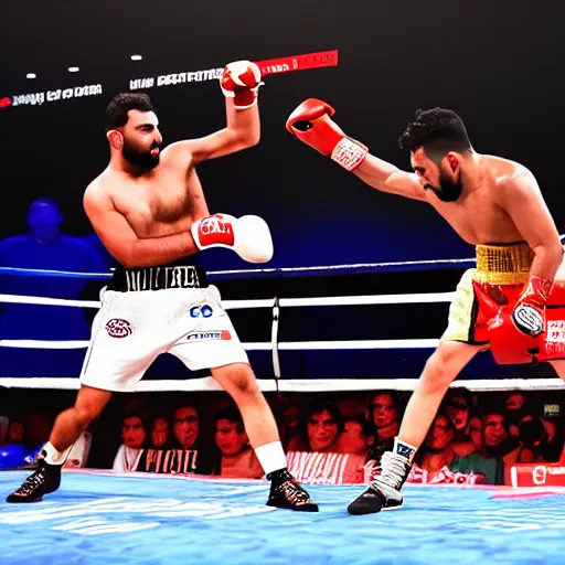 Image similar to landscape photography of a boxing match between rohit sharma and virat kohli in the ring, ultra realistic, highly detailed, canon 3 5 mm photography