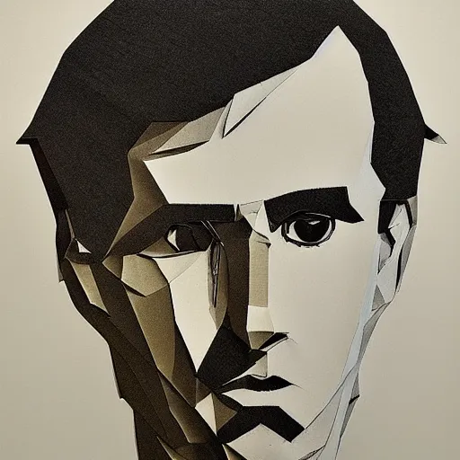 Image similar to a face of a man with wavey medium short hair made from layered paper, 2D, flat minimalistic, ambient light