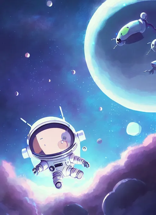 Image similar to a still of a cute kawaii astronaut android floating around a large biomechanical kaiju dragon, nebulous background of dynamic space, a dramatic composition by wlop and greg rutkowski and makoto shinkai and studio ghibli and kyoto animation cute bubbly clothing, highly detailed, digital painting, matte