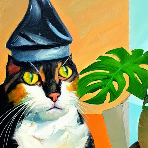 Image similar to palette knife oil painting of a cat wearing a chefs hat sitting on a monstera plant