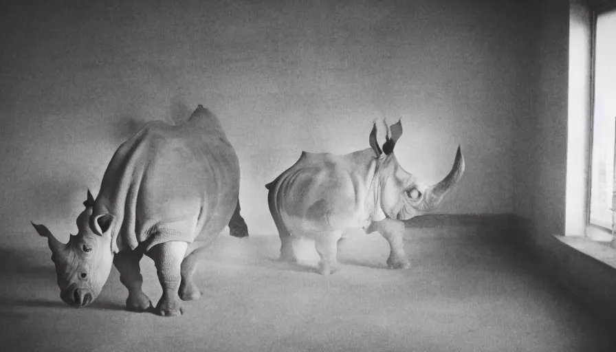 Image similar to a rhinoceros in a stalinist style room, by mini dv camera, very very low quality, heavy grain, very blurry, accidental flash, caught on trail cam