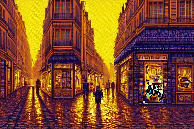 Image similar to a city street in paris under the dark sun, beautiful detailed pixelart by albertov, intricate details, beautiful, dithered gradients, volumetric lighting, cgsociety, artstation, smooth, sharp focus, 2 d illustration, amazing art by dan mumford