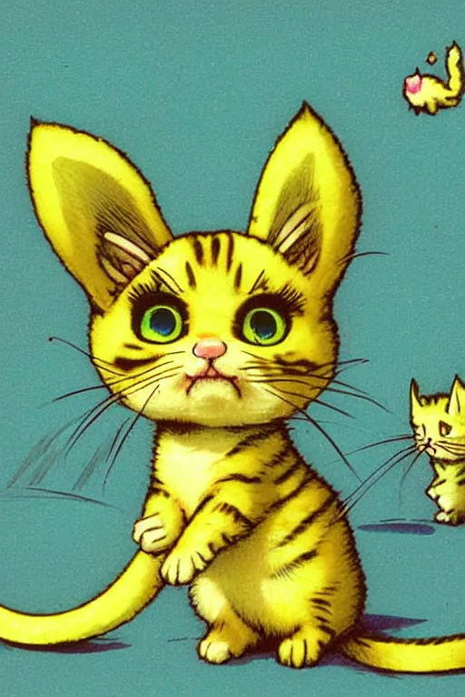 Image similar to a retro videogame showing a small yellow kitten with the belly upwards, artwork by yoshitaka amano, masterpiece