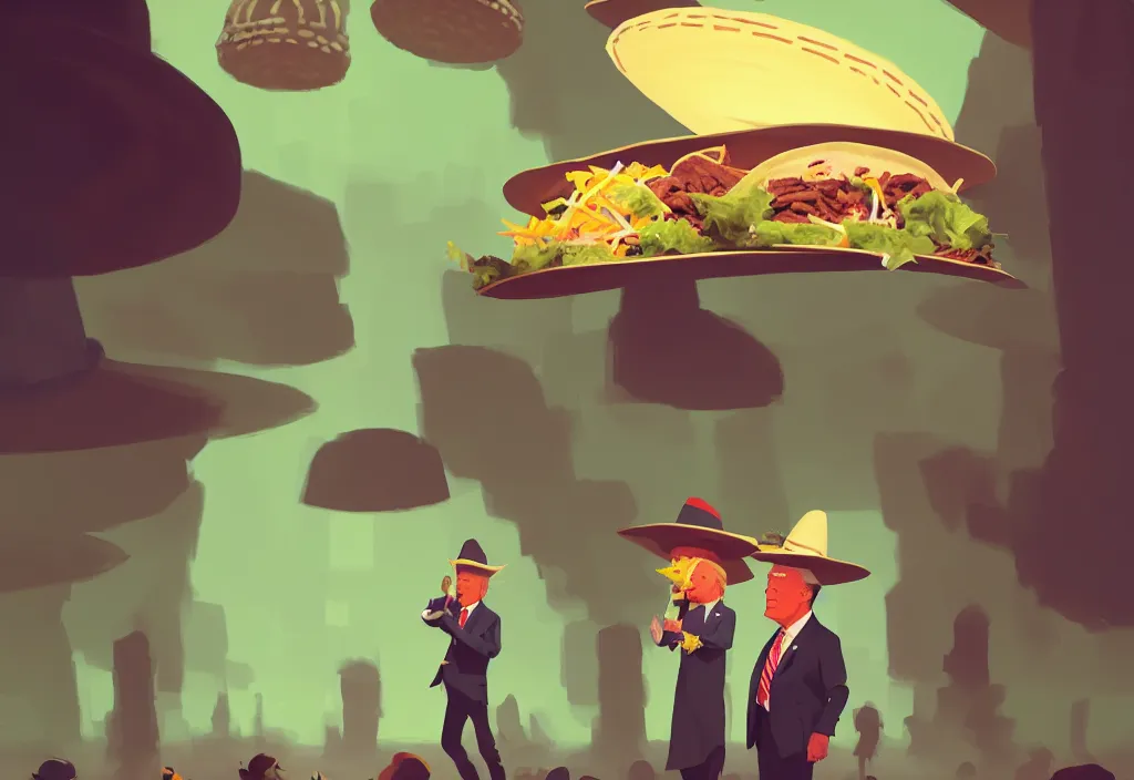 Image similar to donald trump dressed in poncho and sombrero holding a taco, presidental elections candidates, cnn, fox news, fantasy, by atey ghailan, by greg rutkowski, by greg tocchini, by james gilleard, by joe gb fenton, dynamic lighting, gradient light green, brown, blonde cream, salad and white colors in scheme, grunge aesthetic