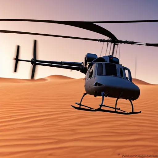 Image similar to Bell UH-1 Helicopter flying over the desert at dawn high detail realistic octane render accurate