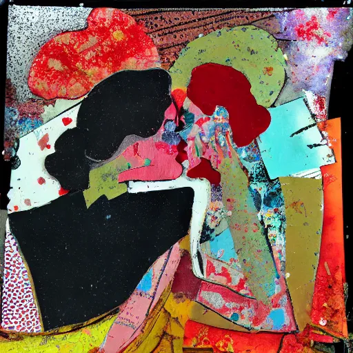 Image similar to two women kissing at a recursive carnival, mixed media collage, retro, paper collage, magazine collage, acrylic paint splatters, bauhaus, claymation, layered paper art, sapphic visual poetry expressing the utmost of desires by jackson pollock