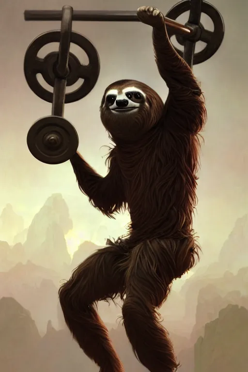 Prompt: anthro sloth lifting weights, dim dingy gym, dynamic pose, fantasy, intricate, elegant, highly detailed, digital painting, artstation, concept art, matte, sharp focus, illustration, art by artgerm and greg rutkowski and alphonse mucha