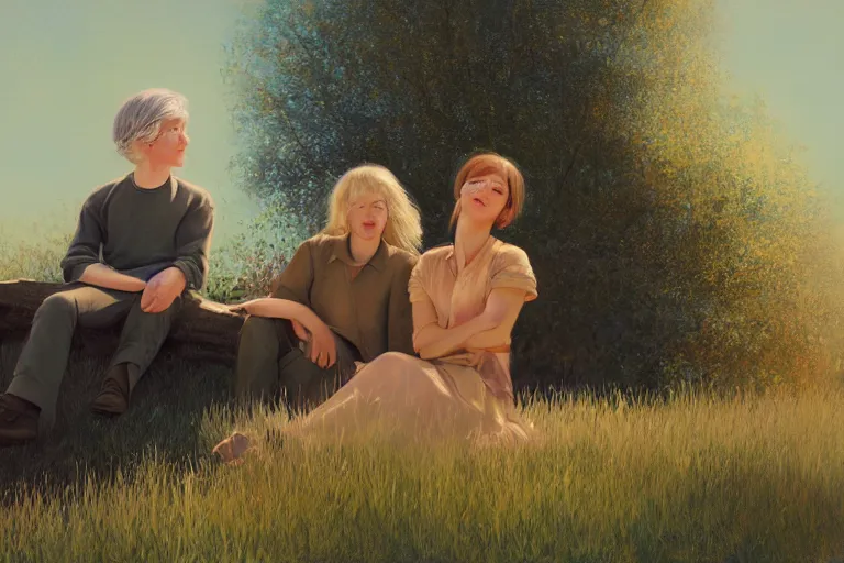 Image similar to beautiful painting of friends, beautiful faces, sitting on the edge, cute, soft light, digital painting by diane arbus and ralph mcquarrie and harry bertoia octane render
