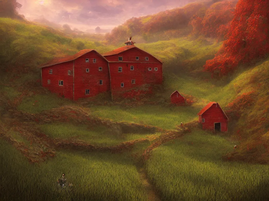 Image similar to Intricate detailed lush ravine with a single isolated red barn next to a wheat crop at noon. Wide angle shot, surreal, dreamlike, Artstation, Marc Simonetti.