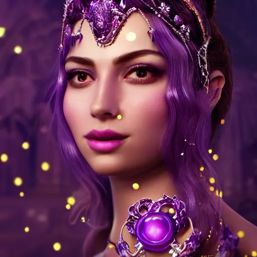 Image similar to portrait princess of amethyst, glowing, ornate and intricate purple jewelry, jaw dropping beauty, glowing background lighting, purple accent lighting, hyper detailed, fairy tale, 4 k octane render