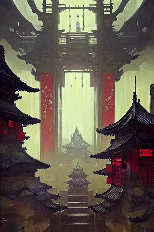 Prompt: cyberpunk Chinese ancient castle, fantasy, painting by greg rutkowski and alphonse mucha