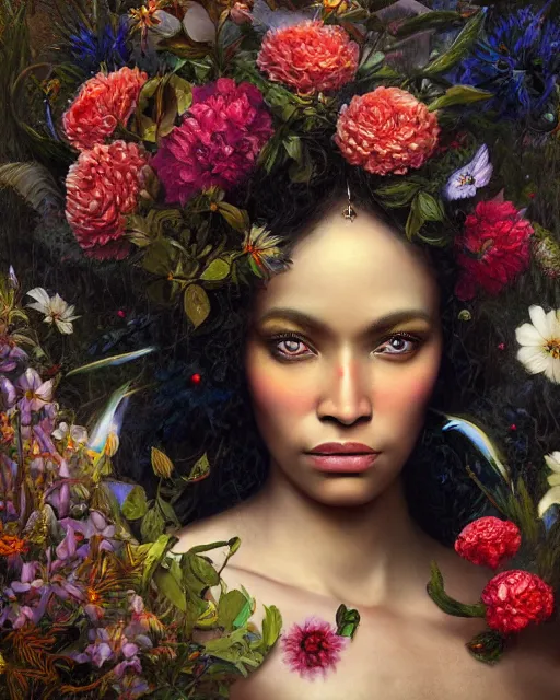 Image similar to portrait of the african queen of the underworld, surrounded by flowers by karol bak, james jean, tom bagshaw, rococo, sharp focus, trending on artstation, cinematic lighting, hyper realism, octane render, 8 k, hyper detailed.