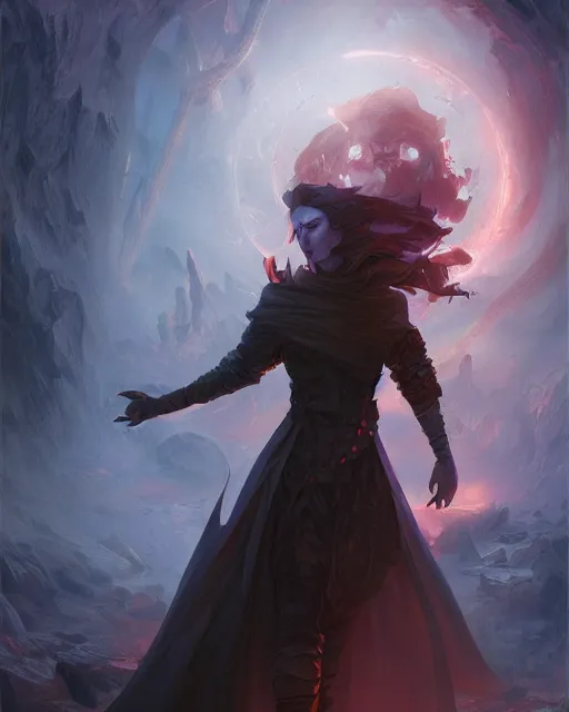 Prompt: a portrait of a mage in a dark atmospheric dugenon, art by artgerm, yoshitaka amano, michael whelan, noah bradley