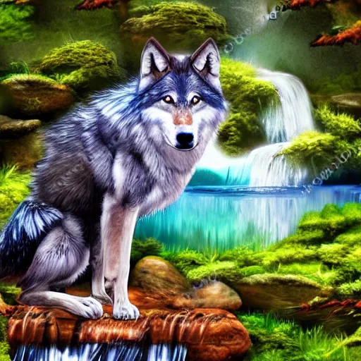 Image similar to Wolf sitting on rock in forest landscape with waterfall over pond, whimsical digital painting in the style of jacqueline wall