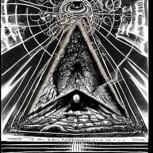 Prompt: an ominous luminous alien figure embedded within a pyramidal pyramidal platform decorated with filigree dust and hell chyness, hellish smoky doom scientists take their first taste of a universe full of mushrooms and
