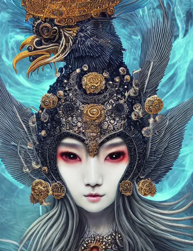 Image similar to goddess macro close - up portrait with crown and mask made of ram skull. beautiful intricately detailed japanese crow kitsune mask and clasical japanese kimono. betta fish, jellyfish phoenix, bioluminescent, plasma, ice, water, wind, creature, artwork by tooth wu and wlop and beeple and greg rutkowski