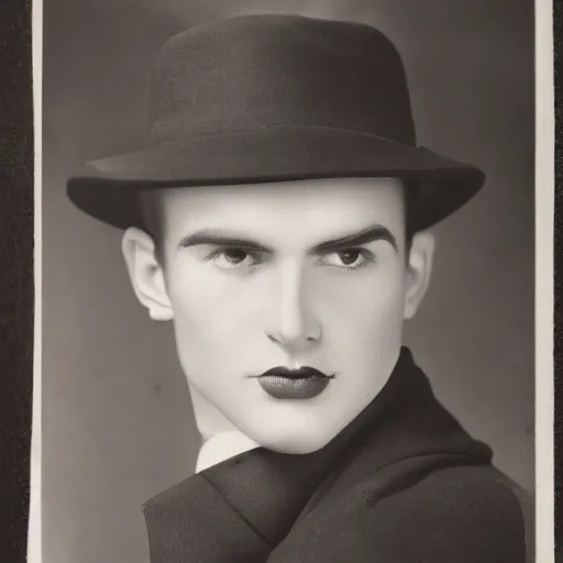 Image similar to a black and white photo of a man wearing a hat, a character portrait by george hurrell, featured on flickr, mannerism, studio portrait, chiaroscuro, 1 9 2 0 s