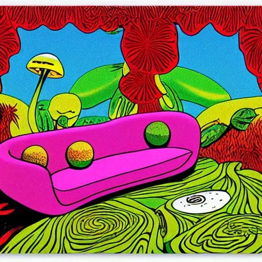 Image similar to psychedelic trippy couch in the lush forest, planets, flowers, mushrooms milky way, sofa, cartoon by carl barks