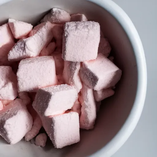 Image similar to white pink unjustifiable food chunks in styrofoam bowl,