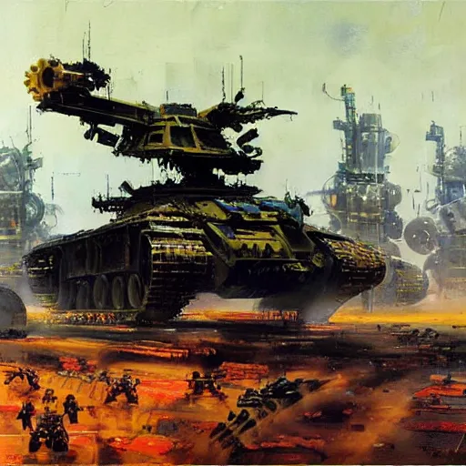 Image similar to a futuristic mech tank with six robot legs and a huge cannon, painting by john berkey