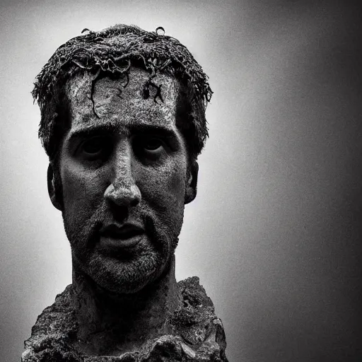 Prompt: Award-winning photograph by Mar Mann. The photo depicts a gray decaying roman bust of Nicolas Cage overgrown with moss at the bottom of the sea. Minimalism, high definition, perfect composition. Deep sea picture. Very dark. Volumetric Lighting. Fish. Darkness. Ruins