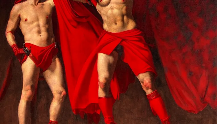 Prompt: only with red, a red gladiator in a crowded roman amphitheatre, crowd cheers him, in the style of rolf armstrong and ambrosius benson and edward hopper, intricate and epic composition, red by caravaggio, highly detailed, masterpiece, red light, artstation