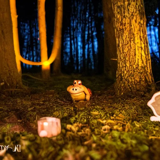 Image similar to photo of toad birthday party in the woods at night