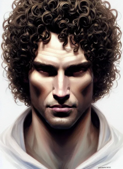 Image similar to Portrait of a man, curly hair, Sith, evil! muscular, robes! night!! intricate, elegant, highly detailed, digital painting, artstation, concept art, smooth, sharp focus, illustration, art by artgerm and greg rutkowski and alphonse mucha