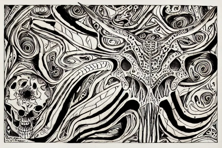 Image similar to Texas Longhorn Skull, skull bone carved with patterns, tritone, mixed media, fine linework, pen and ink, symmetry