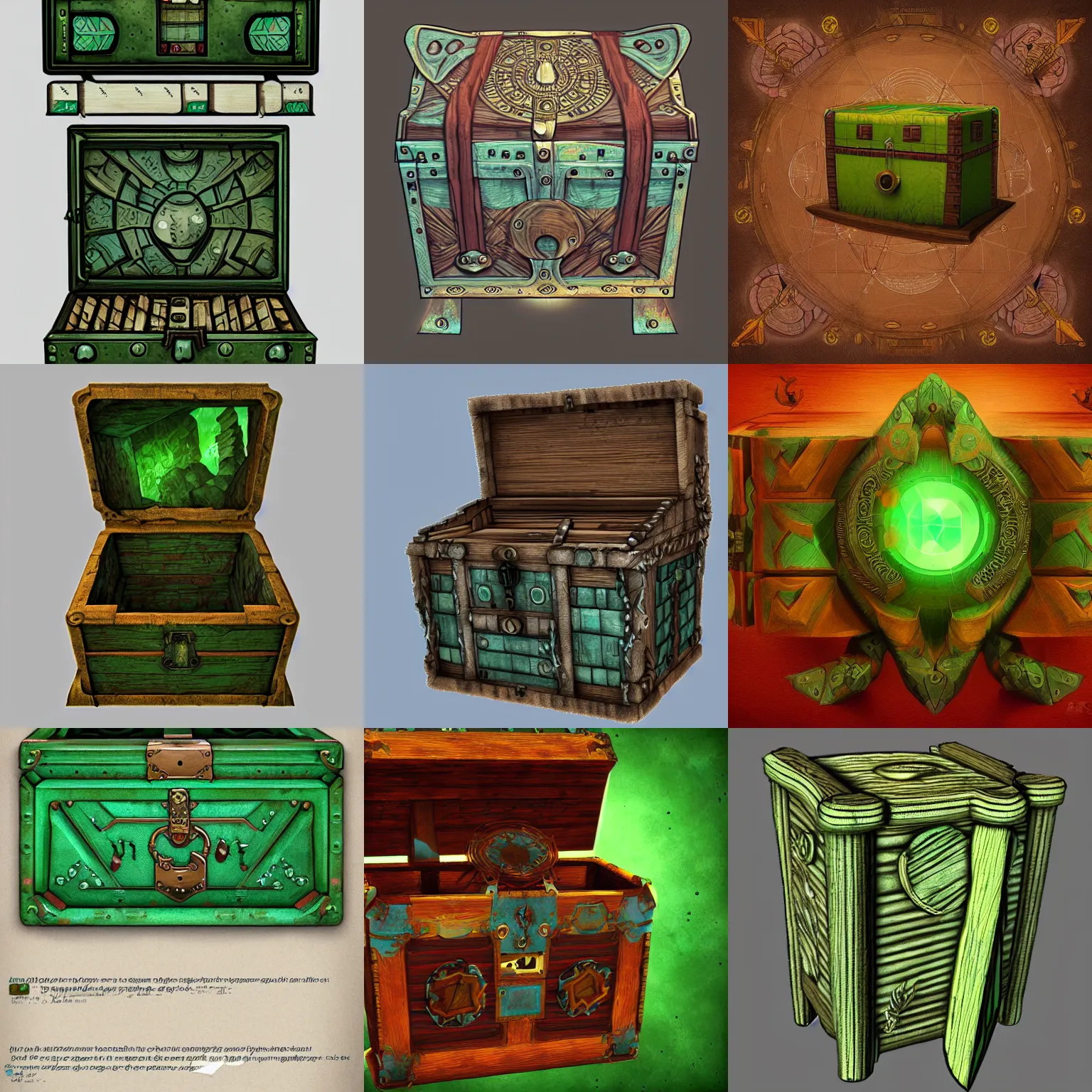 Prompt: debug of the mathematical chest, artstation, mystical, digital art, green and wood