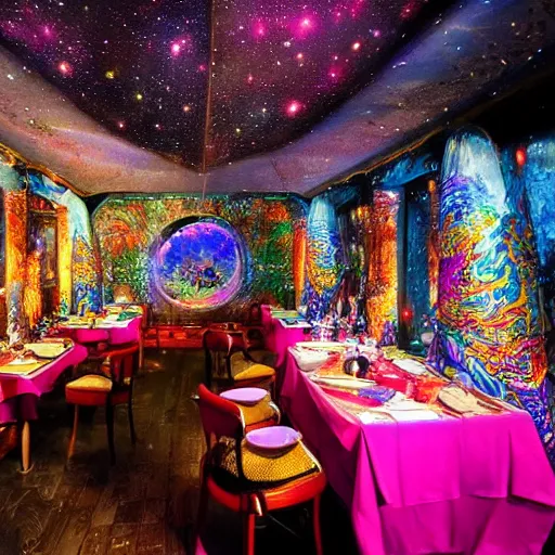 Image similar to The restaurant at the end of the universe, intricate, stunning, colorful, mysterious, ethereal atmosphere, stars