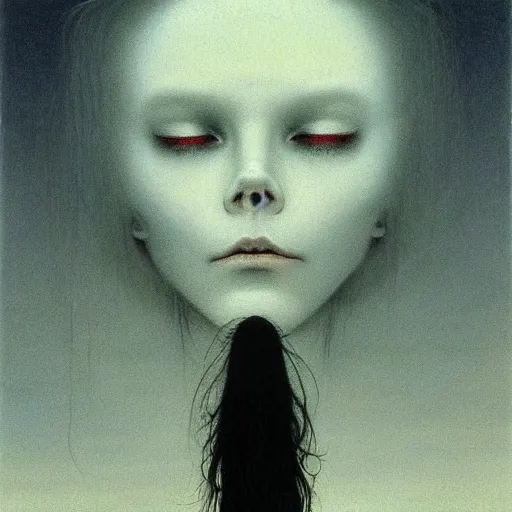 Image similar to majestic pale vampire princess with very long black hairs at moon night, by Beksinski
