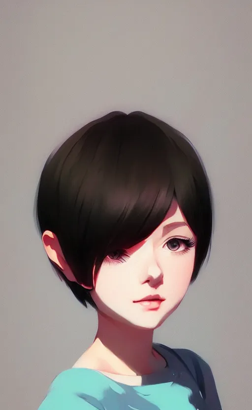Image similar to a playful and cute girl with short hair, by ilya kuvshinov
