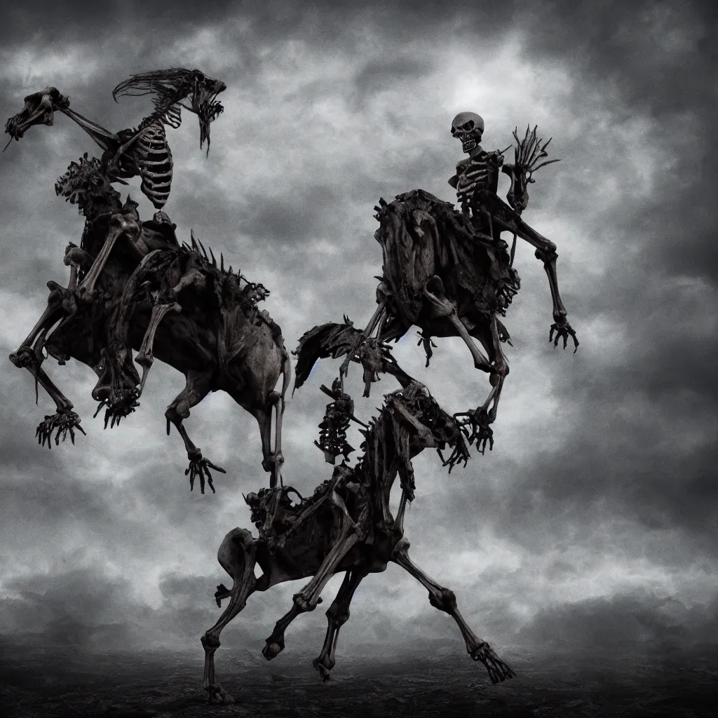 Image similar to a skeleton on a horse in the abyss, dark and mysterious, stopped in time, atmospheric, ominous, eerie, cinematic, epic, 8 k, 4 k, ultra detail, ultra realistic