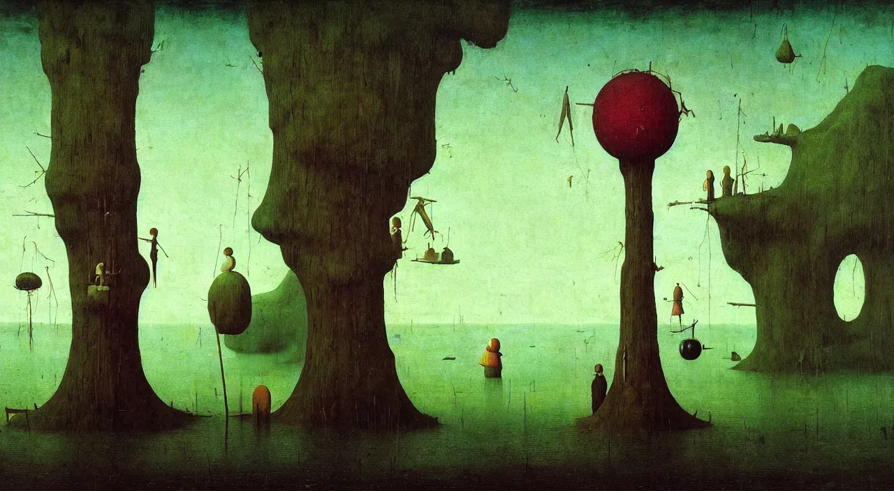 Prompt: single flooded simple!! wooden fungus pole, very coherent and colorful high contrast masterpiece by franz sedlacek hieronymus bosch dean ellis simon stalenhag rene magritte gediminas pranckevicius, dark shadows, sunny day, hard lighting