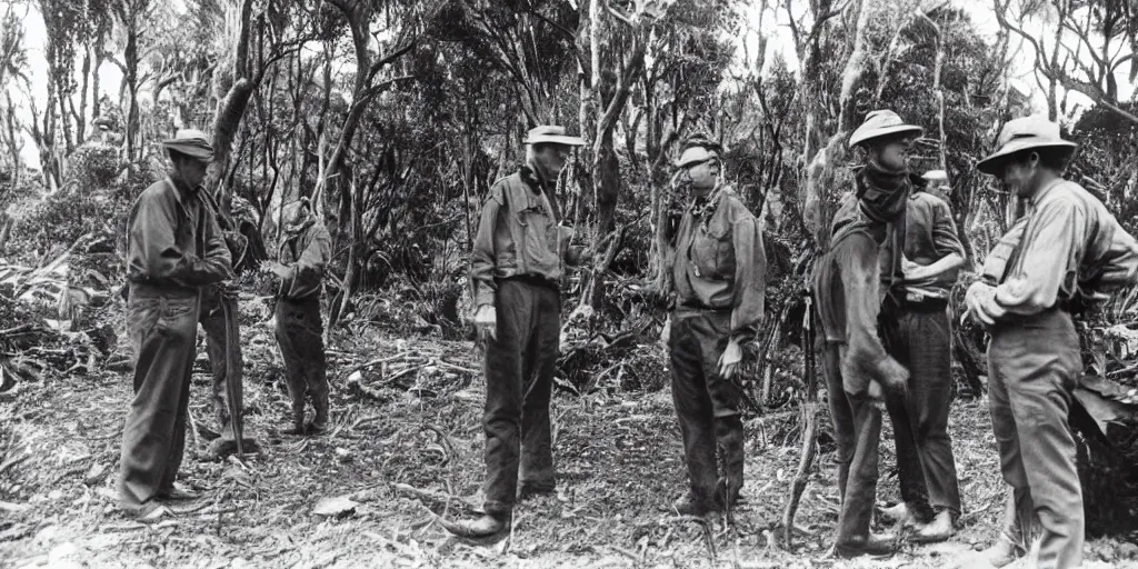 Prompt: louis theroux interviewing kauri loggers at great barrier island, new zealand 1 9 2 0's