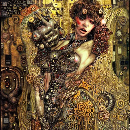 Image similar to depraved cybernetic demon, lsd, circuitry, intricate detail, klimt, royo,