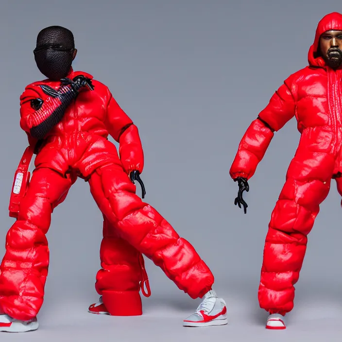 Prompt: a action figure of kanye west using full face - covering mask with small holes. a small, tight, undersized reflective bright red round puffer jacket made of nylon. a shirt underneath. red jeans pants made of nylon. a pair of red shoes, figurine, detailed product photo, 4 k, realistic, acton figure, studio lighting, professional photo