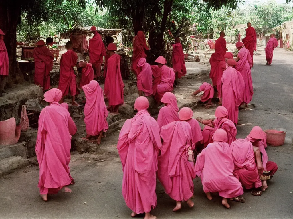 Prompt: 3 5 mm photography taken by harry gruyaert, pink monks in vietnam, sun and shadows, 1 9 7 0 s kodachrome colour photo