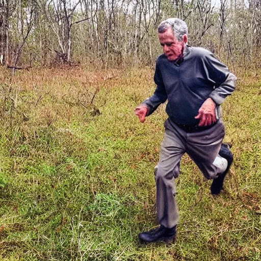 Image similar to “George bush caught running on all fours, trail cam, game trail, nighttime”