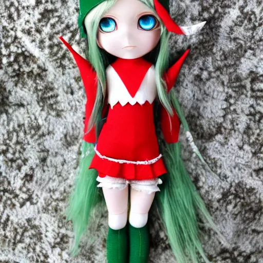 Image similar to hyper kawaii anime elf doll, druid theme, somber portraits, pursed lips, green eyes, bokeh background