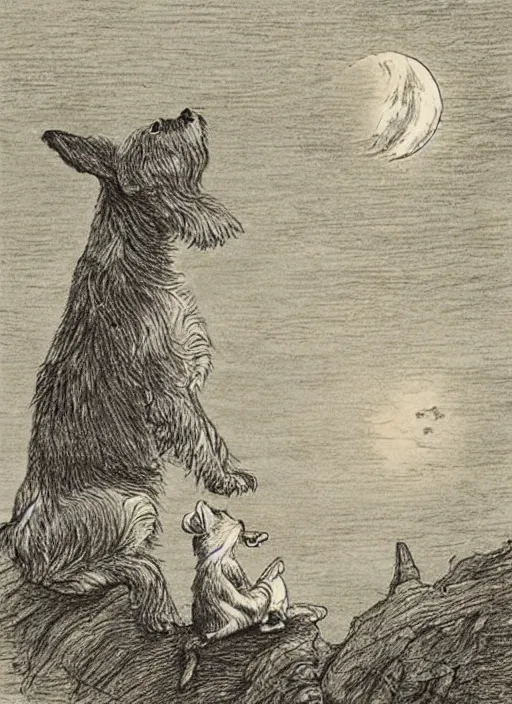 Image similar to candid portrait of jack russel dog looking up barking at the moon, night sky, highly detailed, side view, illustrated by peggy fortnum and beatrix potter and sir john tenniel